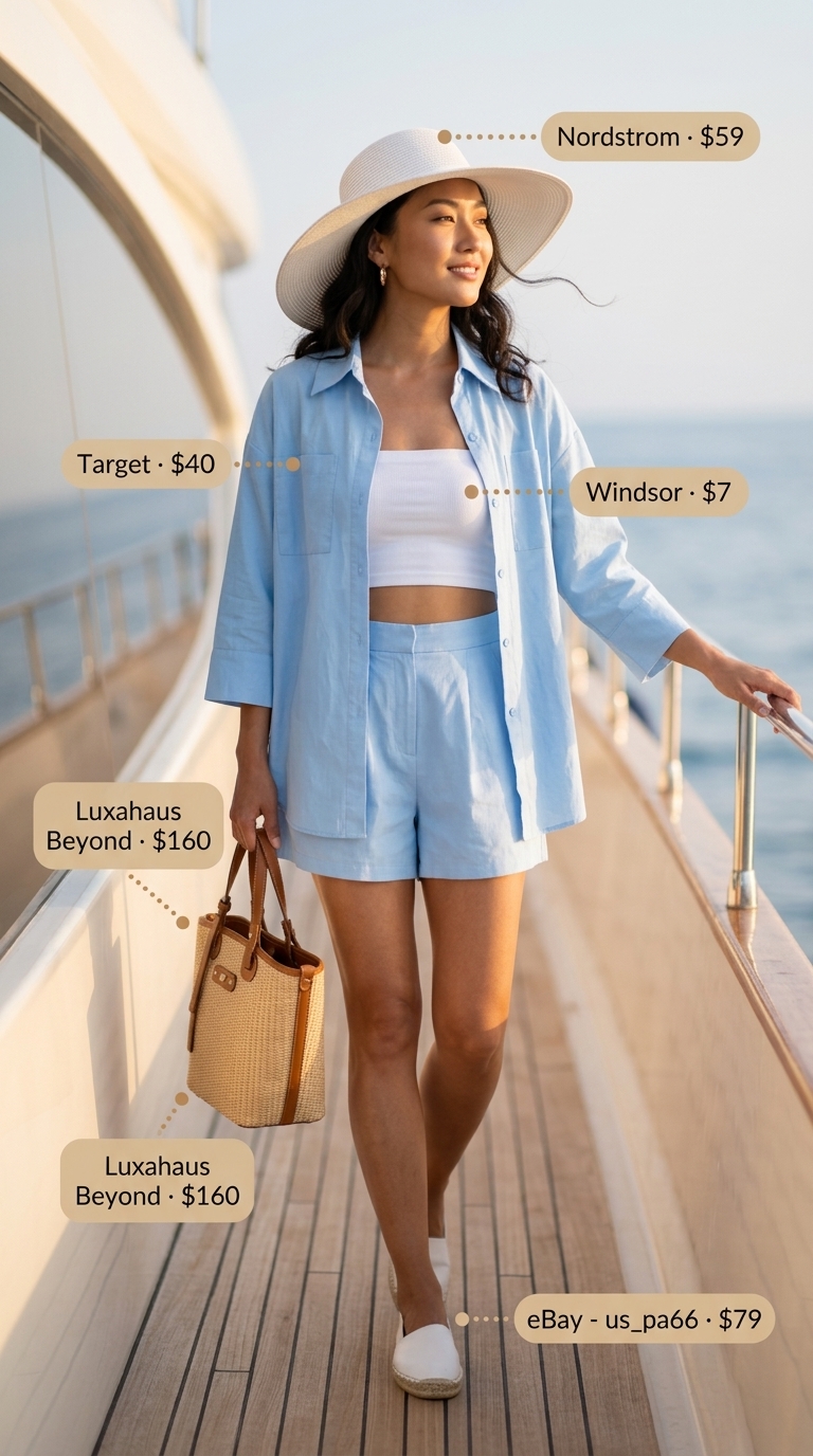 Summer Boat Day Outfits for Women 2026: Poolside Chic Summer boat day outfits for women 2026: Sky blue linen set, white bandeau, straw hat, and espadrilles for a poolside boat party.