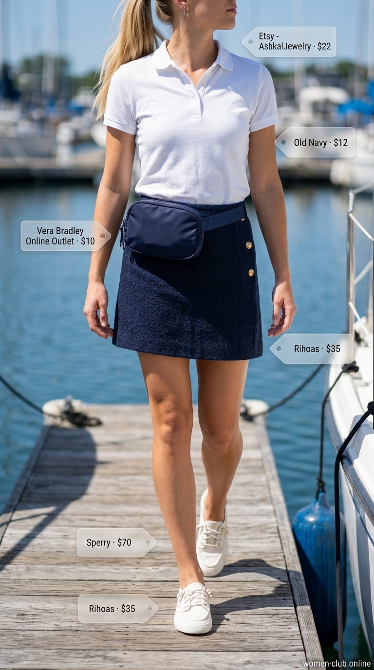 Summer Boat Day Outfits for Women 2026: Regatta Ready Sporty summer boat day outfits for women 2026: Royal blue mini skirt, white polo, and canvas boat shoes.