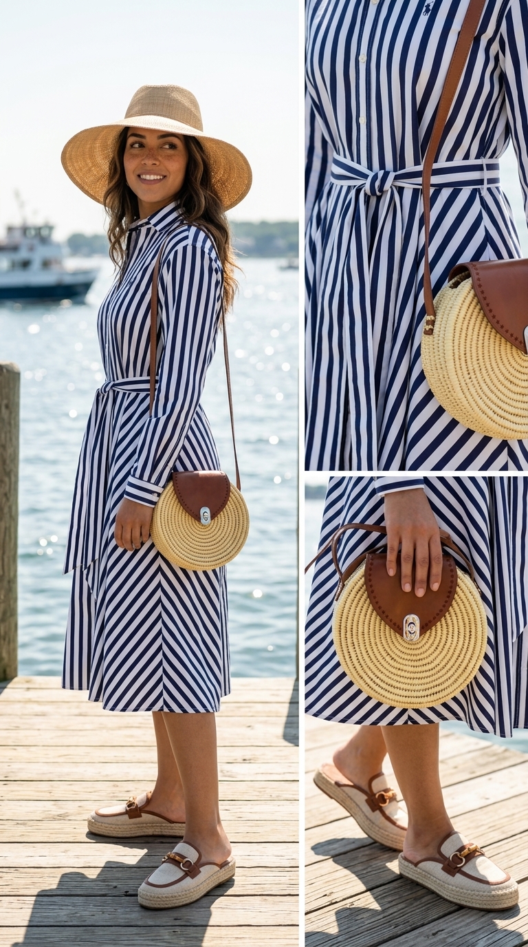 Summer Boat Day Outfits for Women 2026: River Cruise Classic Summer boat day outfits for women 2026: Striped shirt dress, espadrille mules, straw hat, and round crossbody bag for a river cruise.
