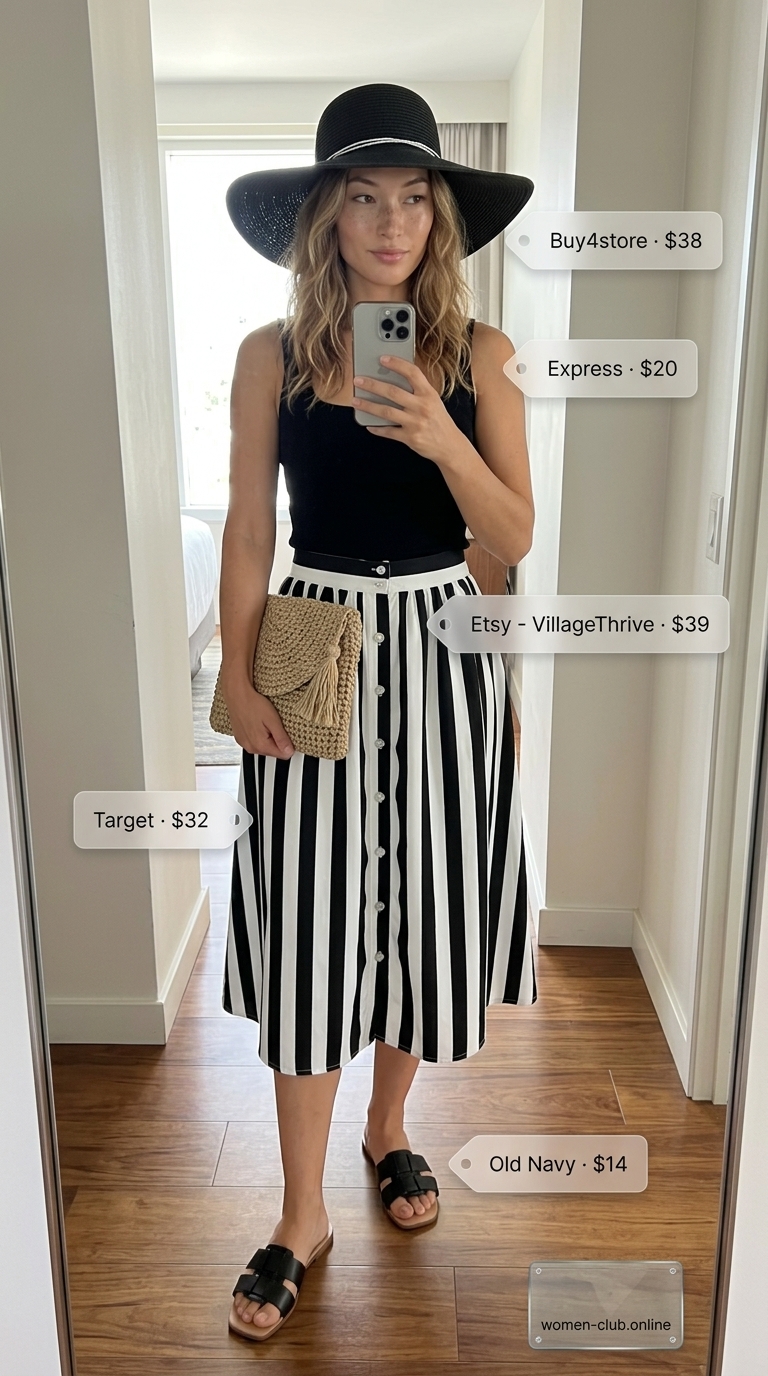 Summer Boat Day Outfits for Women 2026: Riviera Glam Chic summer boat day outfits for women 2026: Black and white striped midi skirt, fitted tank, and wide-brim hat.