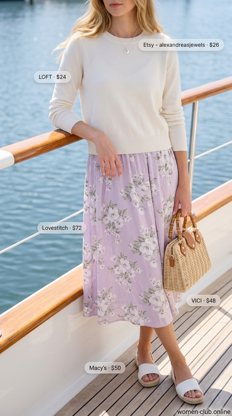 Summer Boat Day Outfits for Women 2026: Seaside Sweet Feminine summer boat day outfits for women 2026: Lavender sundress, white cardigan, and woven basket bag.