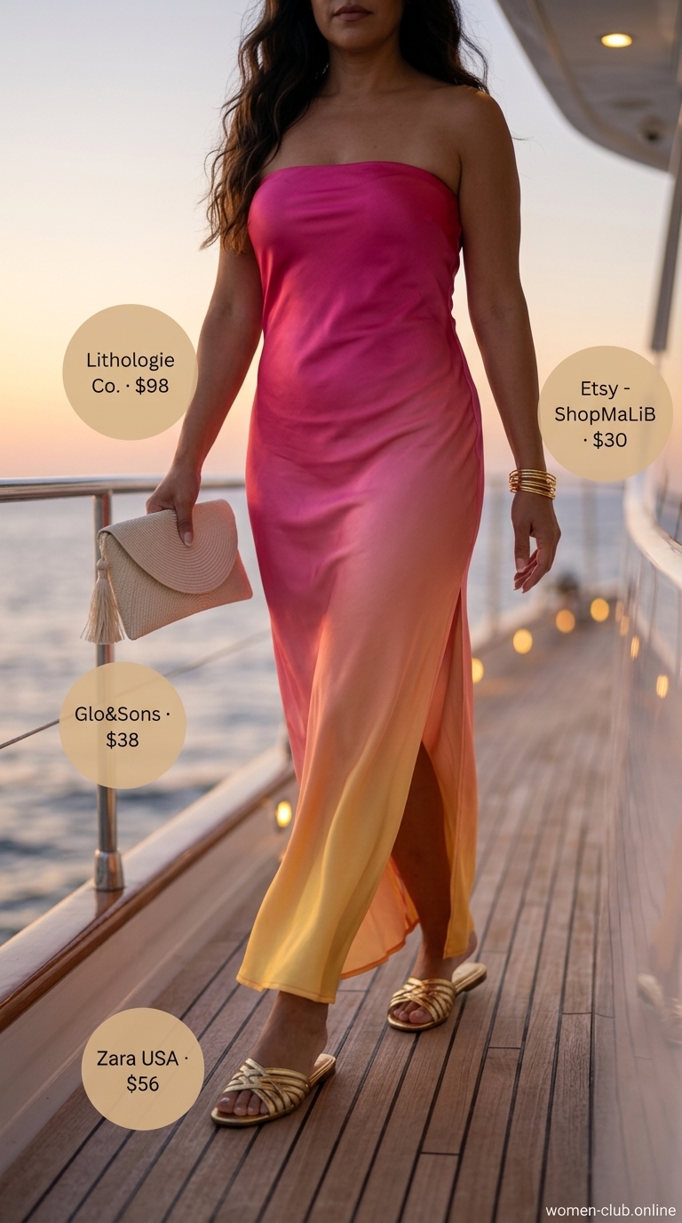 Summer Boat Day Outfits for Women 2026: Sunset Cruise Glamorous summer boat day outfits for women 2026: Ombre maxi dress, gold bangles, and straw clutch.