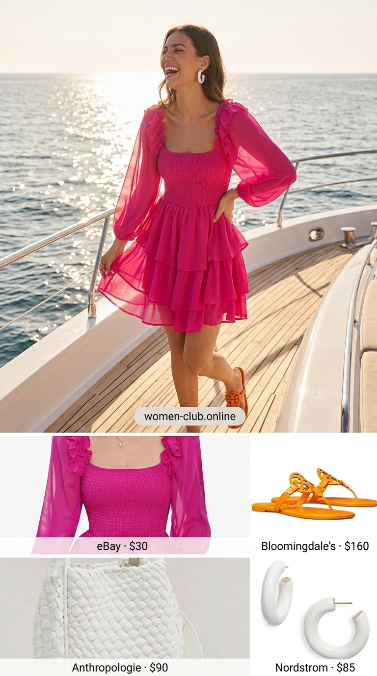 Summer Boat Day Outfits for Women 2026: Tropical Fiesta Vibrant summer boat day outfits for women 2026: Hot pink smocked dress, orange slides, and straw mini bag.