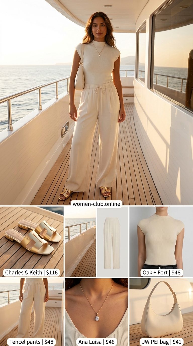 Sundowner Soiree Outfits for Women 2026 Elegant sundowner outfit: cream wide-leg pants, sage knit top, gold sandals, and structured bag. Summer boat day outfits for women 2026.