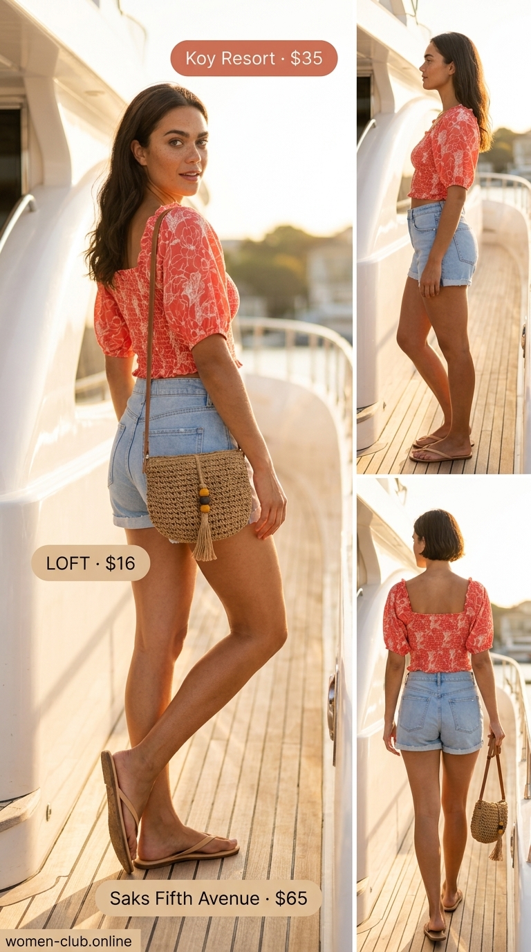 Beach Club Outfits for Women 2026 Beach club outfit: denim shorts, coral floral tube top, raffia bag, and tan sandals. Summer boat day outfits for women 2026.