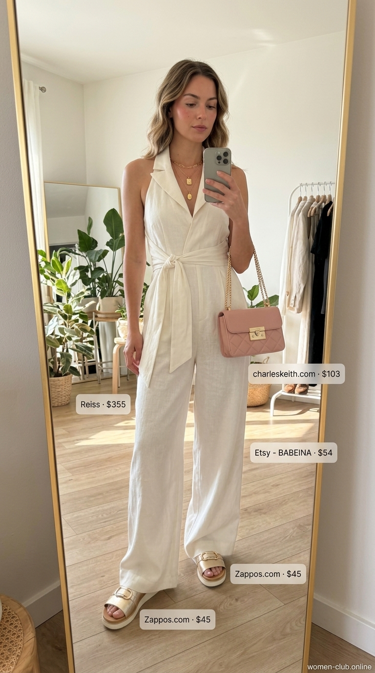 Sunset Sail Outfits for Women 2026 Sunset sail outfit with ivory wide-leg jumpsuit, gold sandals, layered necklaces, and blush bag. Summer boat day outfits for women 2026.