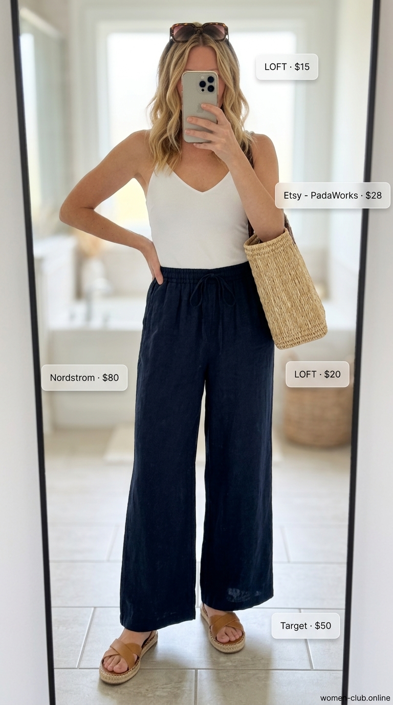 Coastal Cruise Outfits for Women 2026 Coastal serenity outfit with navy linen pants, white camisole, straw tote, espadrilles, and sunglasses. Summer boat day outfits for women 2026.