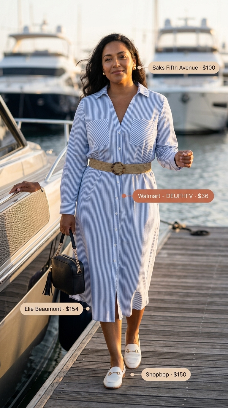 Yacht Club Outfits for Women 2026 Yacht club chic outfit: navy stripe midi dress, white loafers, gold studs, and structured crossbody. Summer boat day outfits for women 2026.