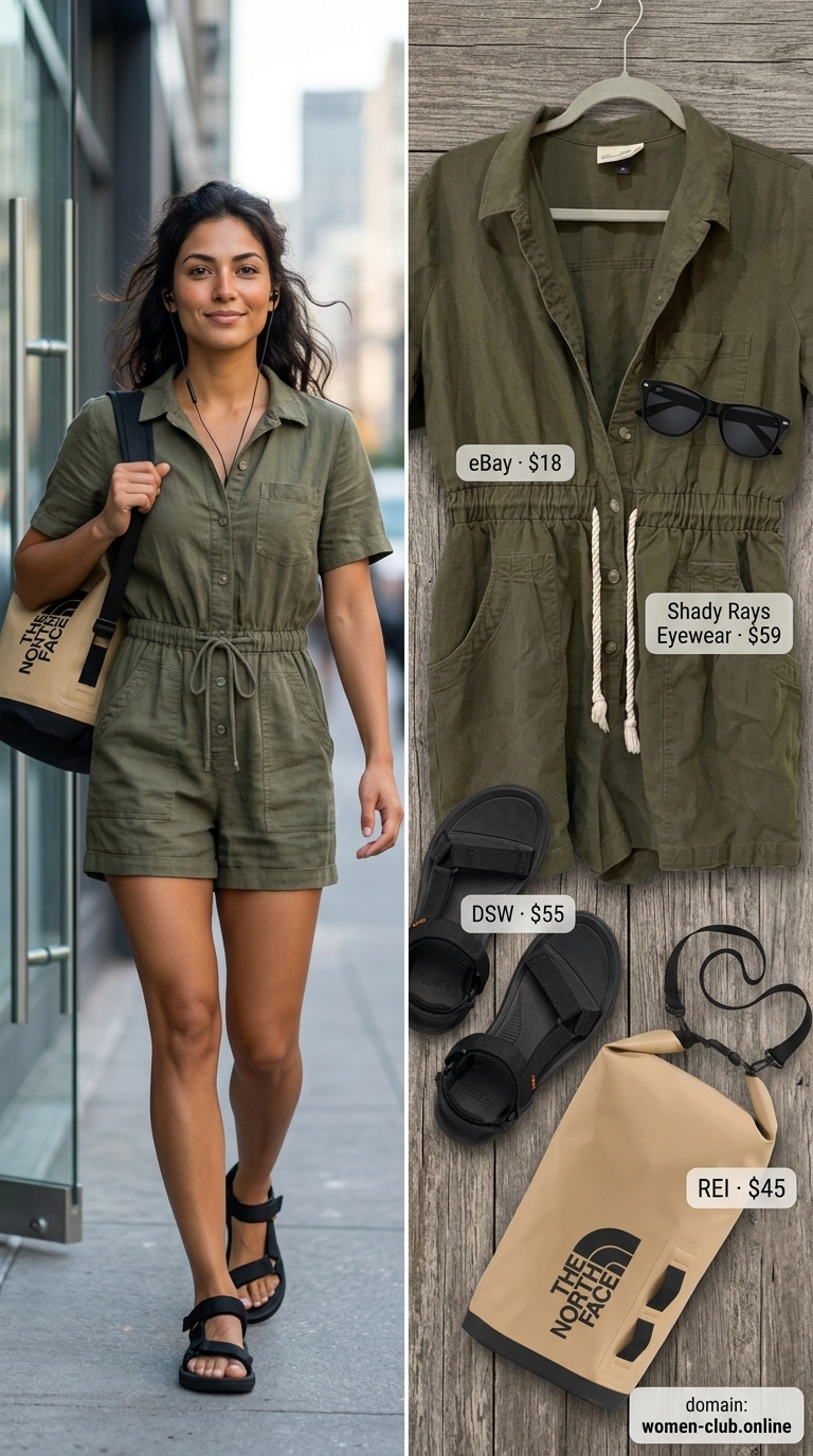 Adventure Boat Trip Outfits for Women 2026 Adventure afloat outfit: olive utility romper, black sport sandals, khaki dry bag, and sport sunglasses. Summer boat day outfits for women 2026.