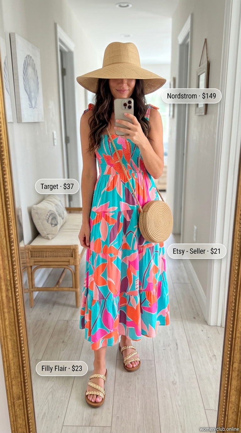 Island Hopping Outfits for Women 2026 Island hopping outfit: tropical maxi dress, gold earrings, straw crossbody, metallic sandals, and sun hat. Summer boat day outfits for women 2026.
