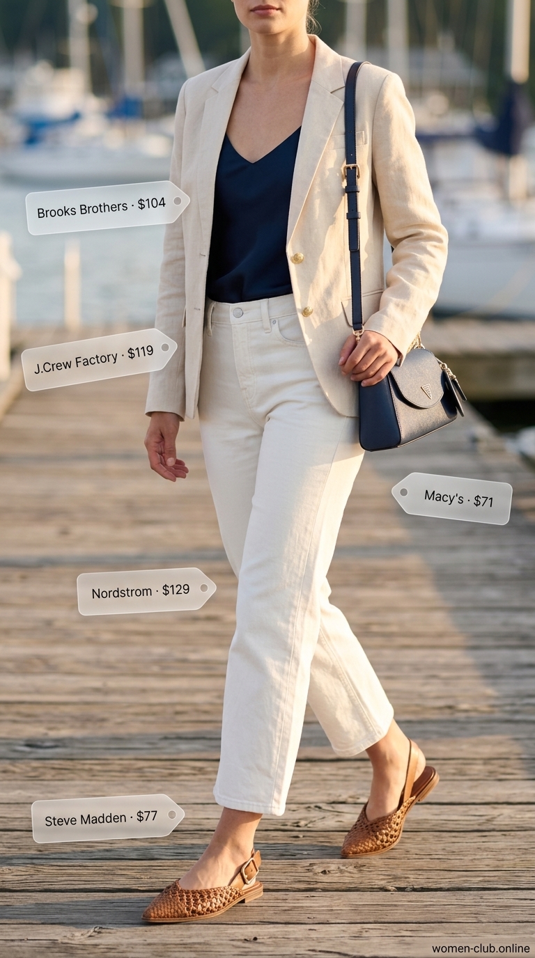 Waterfront Dining Outfits for Women 2026 Waterfront evening outfit: white jeans, navy silk cami, linen blazer, mules, and structured bag. Summer boat day outfits for women 2026.