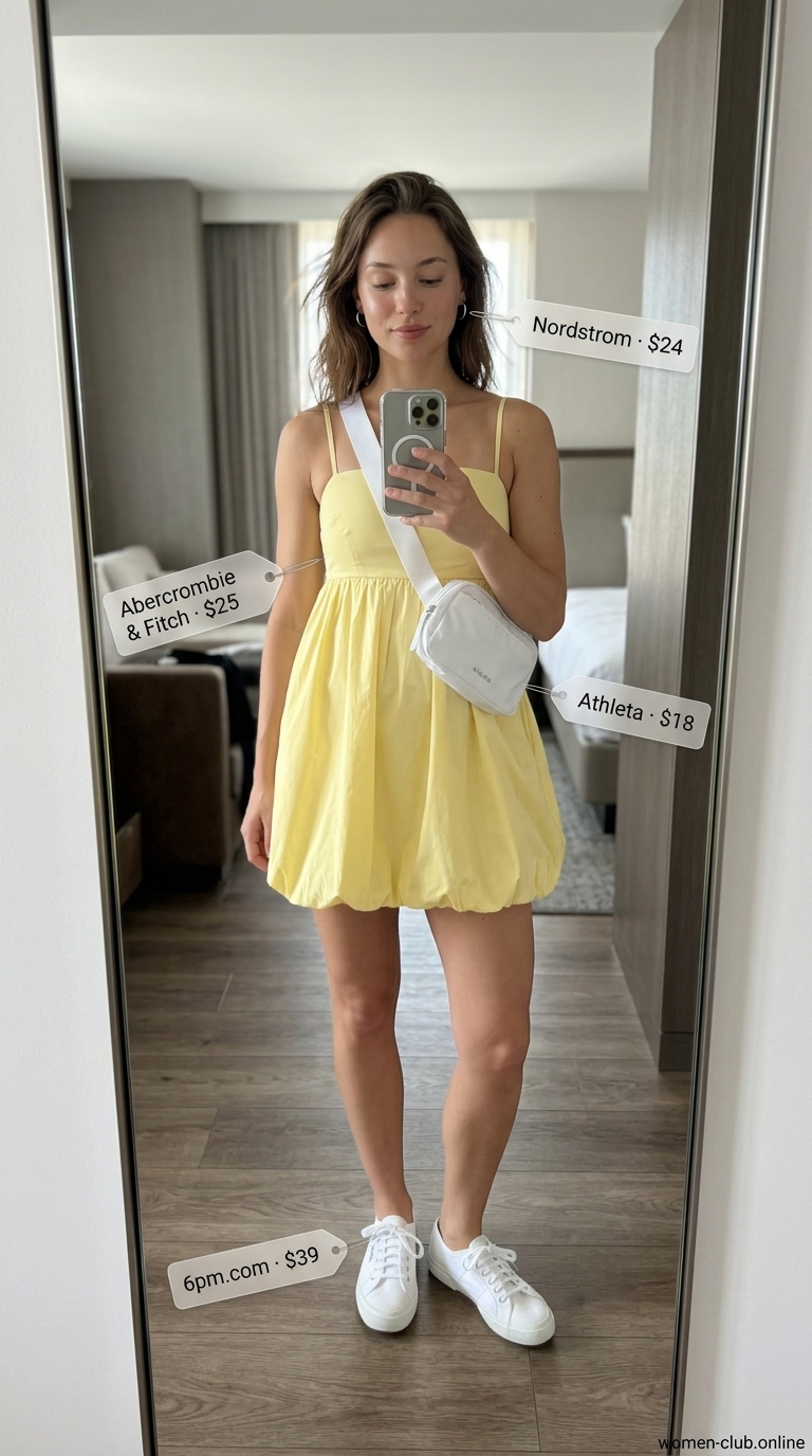 Lake Day Outfits for Women 2026 Sunny lake day outfit: pastel yellow babydoll dress, white sneakers, silver hoops, and belt bag. Summer boat day outfits for women 2026.