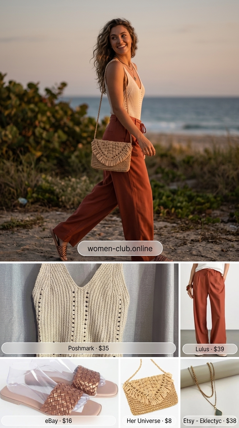 Boho Summer Bodysuit Outfits For Women 2026 Boho summer bodysuit going out outfit for women 2026: crochet bodysuit, linen pants, slide sandals.
