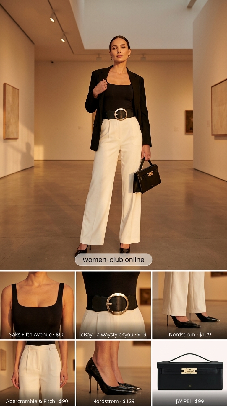 Sophisticated Summer Bodysuit Outfits For Women 2026 Sophisticated summer bodysuit going out outfit for women 2026: compression bodysuit, wide-leg trousers, pumps.