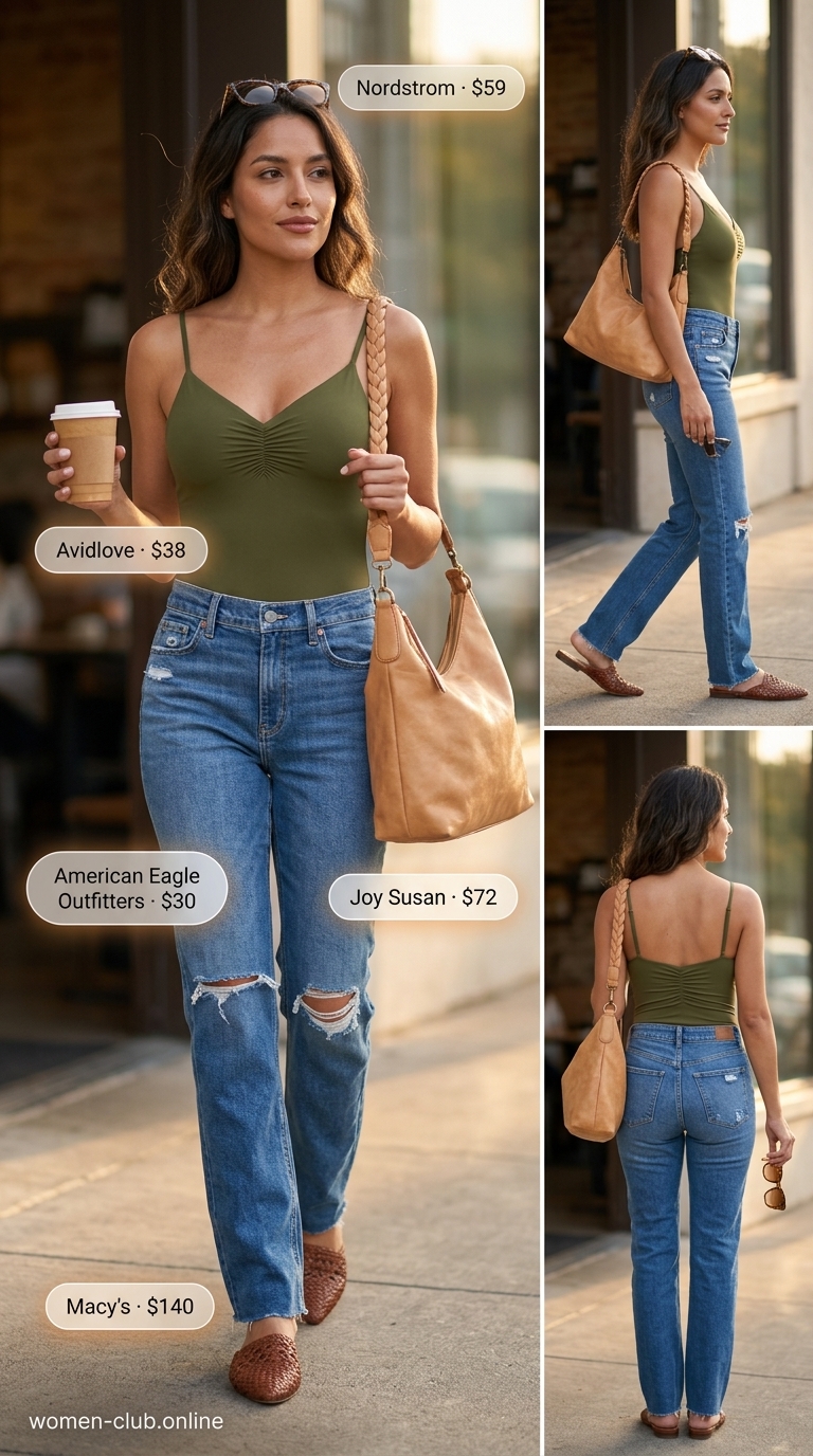 Casual Summer Bodysuit Outfits For Women 2026 Casual summer bodysuit going out outfit for women 2026: olive bodysuit, distressed jeans, mules.