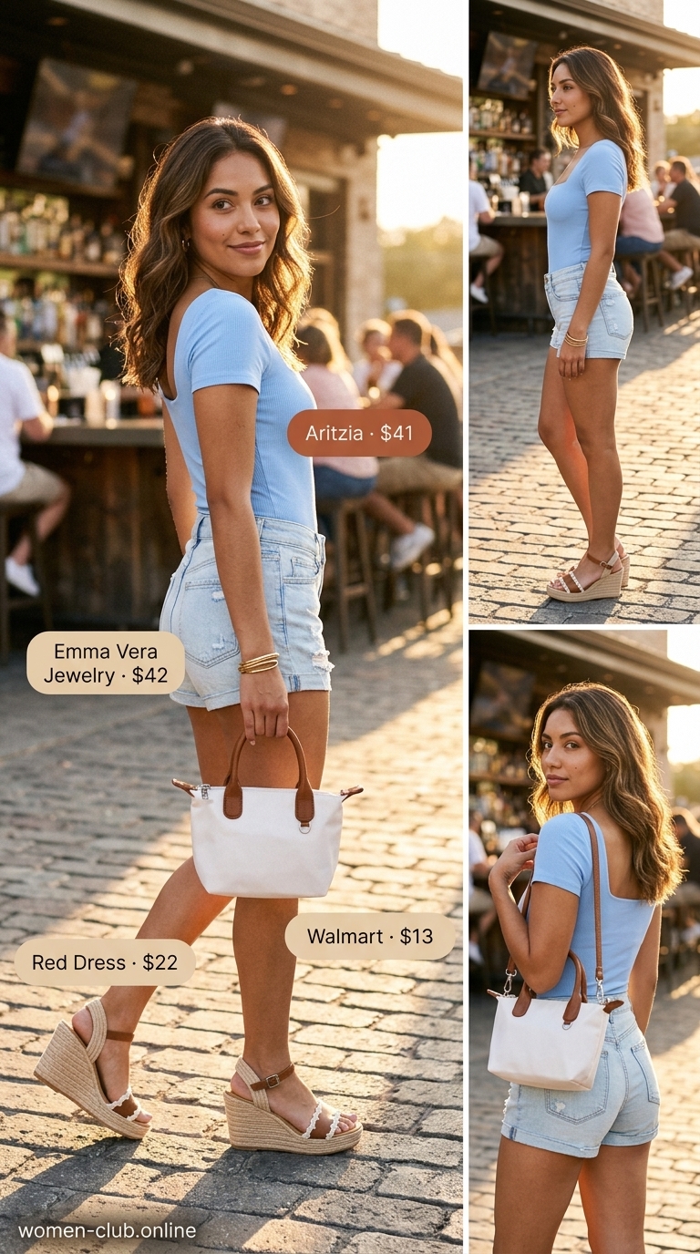 Playful Summer Bodysuit Outfits For Women 2026 Playful summer bodysuit going out outfit for women 2026: sky blue bodysuit, denim shorts, espadrilles.