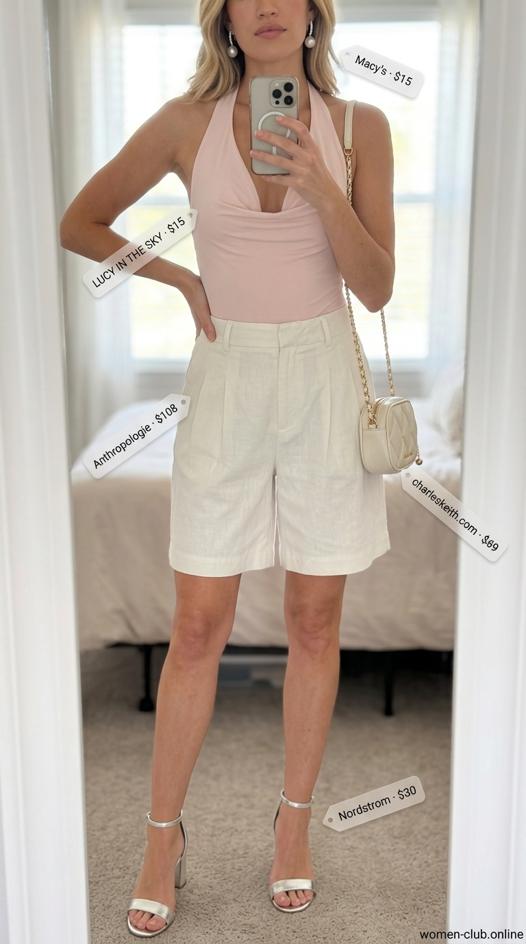 Romantic Summer Bodysuit Outfits For Women 2026 Romantic summer bodysuit going out outfit for women 2026: blush bodysuit, tailored shorts, heeled sandals.