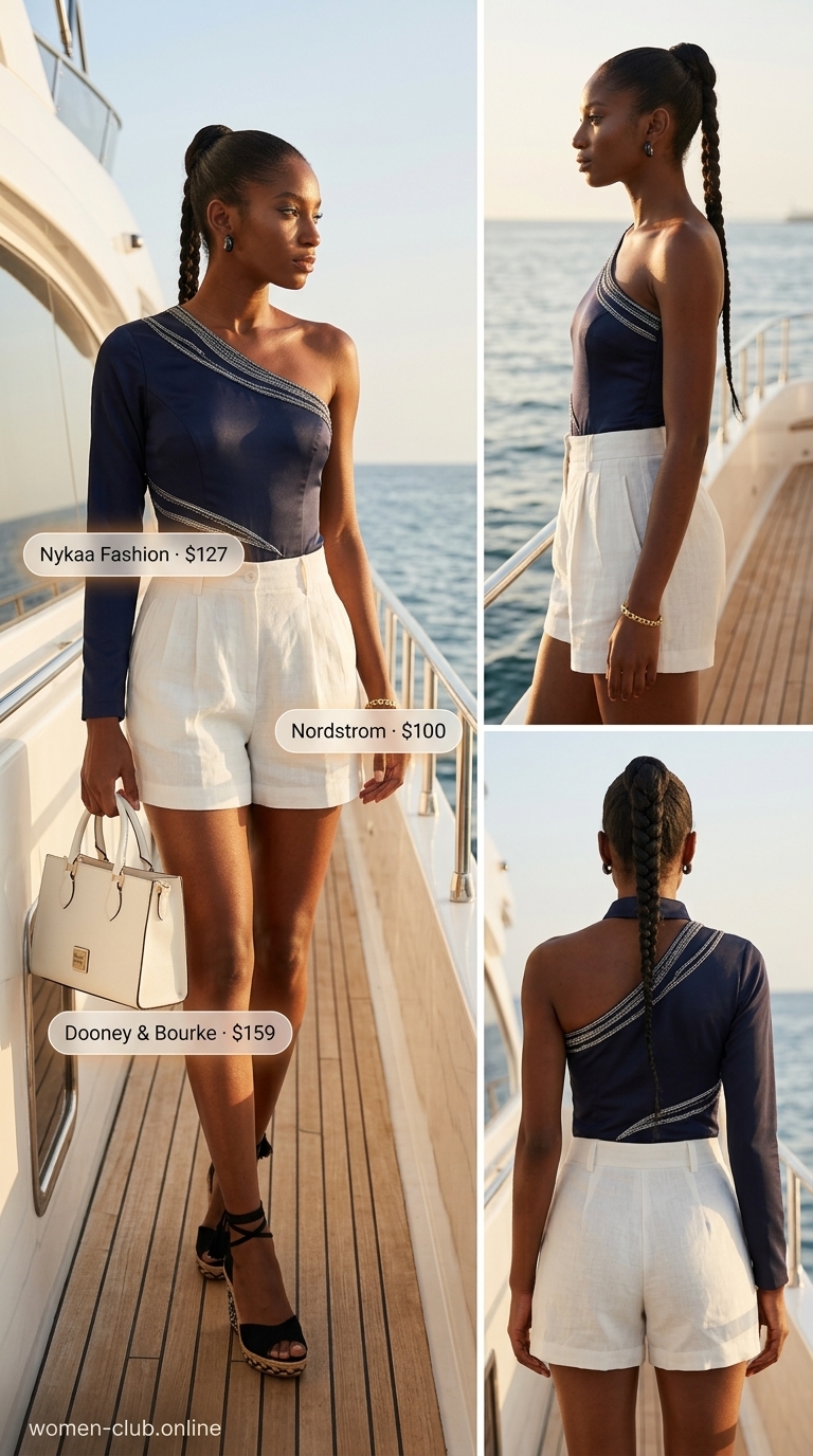 Chic Summer Bodysuit Outfits For Women 2026 Chic summer bodysuit going out outfit for women 2026: satin bodysuit, linen shorts, espadrilles.