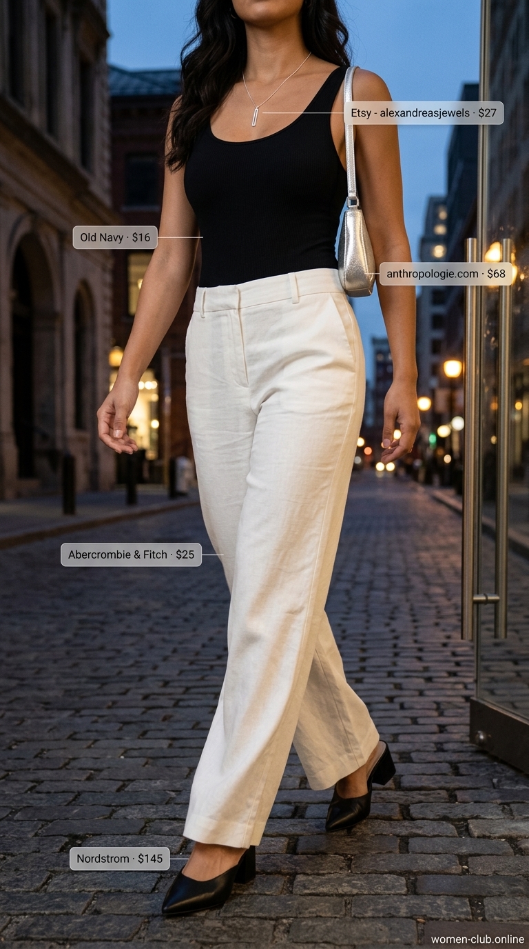 Sleek Summer Bodysuit Going Out Outfits For Women 2026 Black bodysuit with ivory wide-leg trousers for summer bodysuit going out outfits for women 2026.