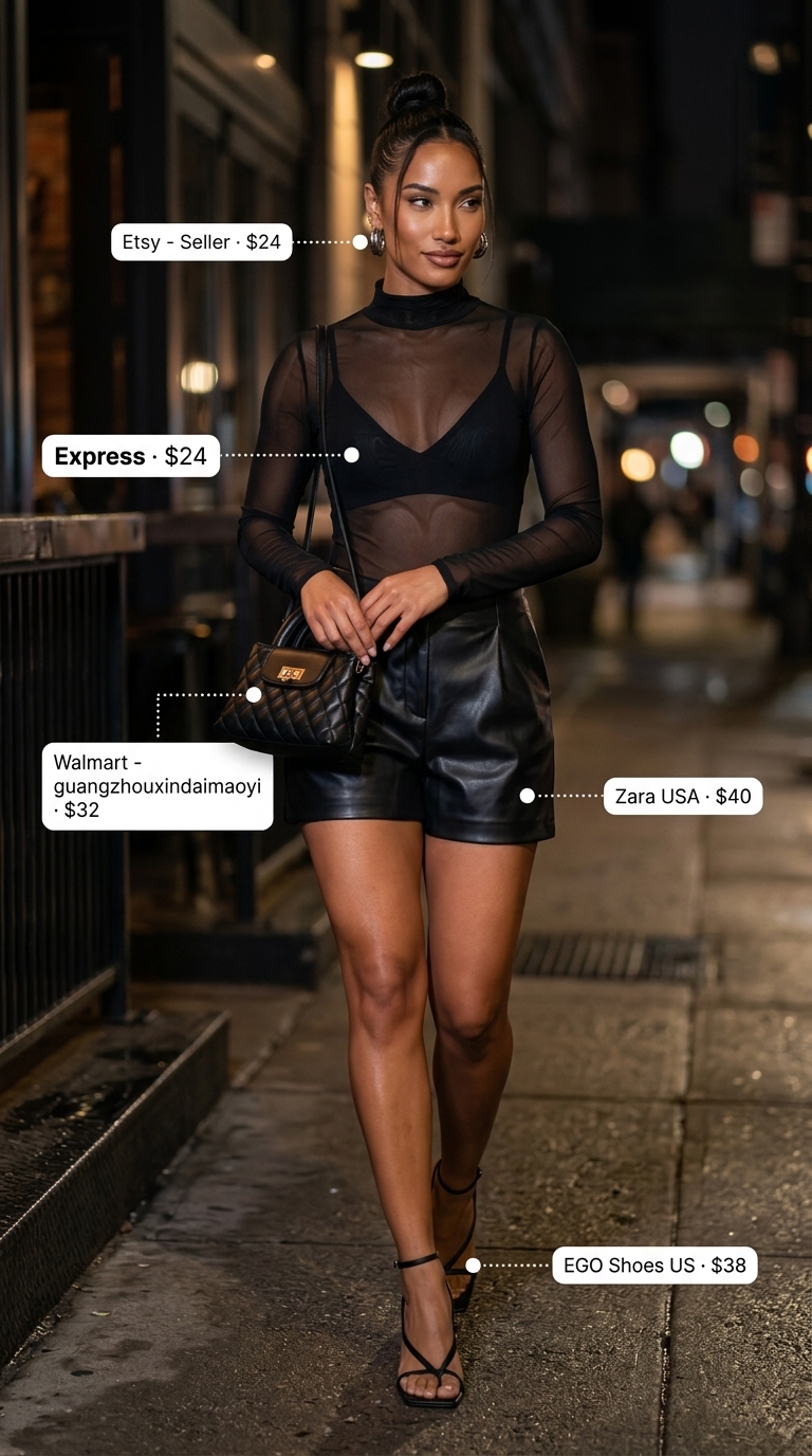 Edgy Summer Bodysuit Going Out Outfits For Women 2026 Black mesh bodysuit with faux leather shorts for summer bodysuit going out outfits for women 2026.