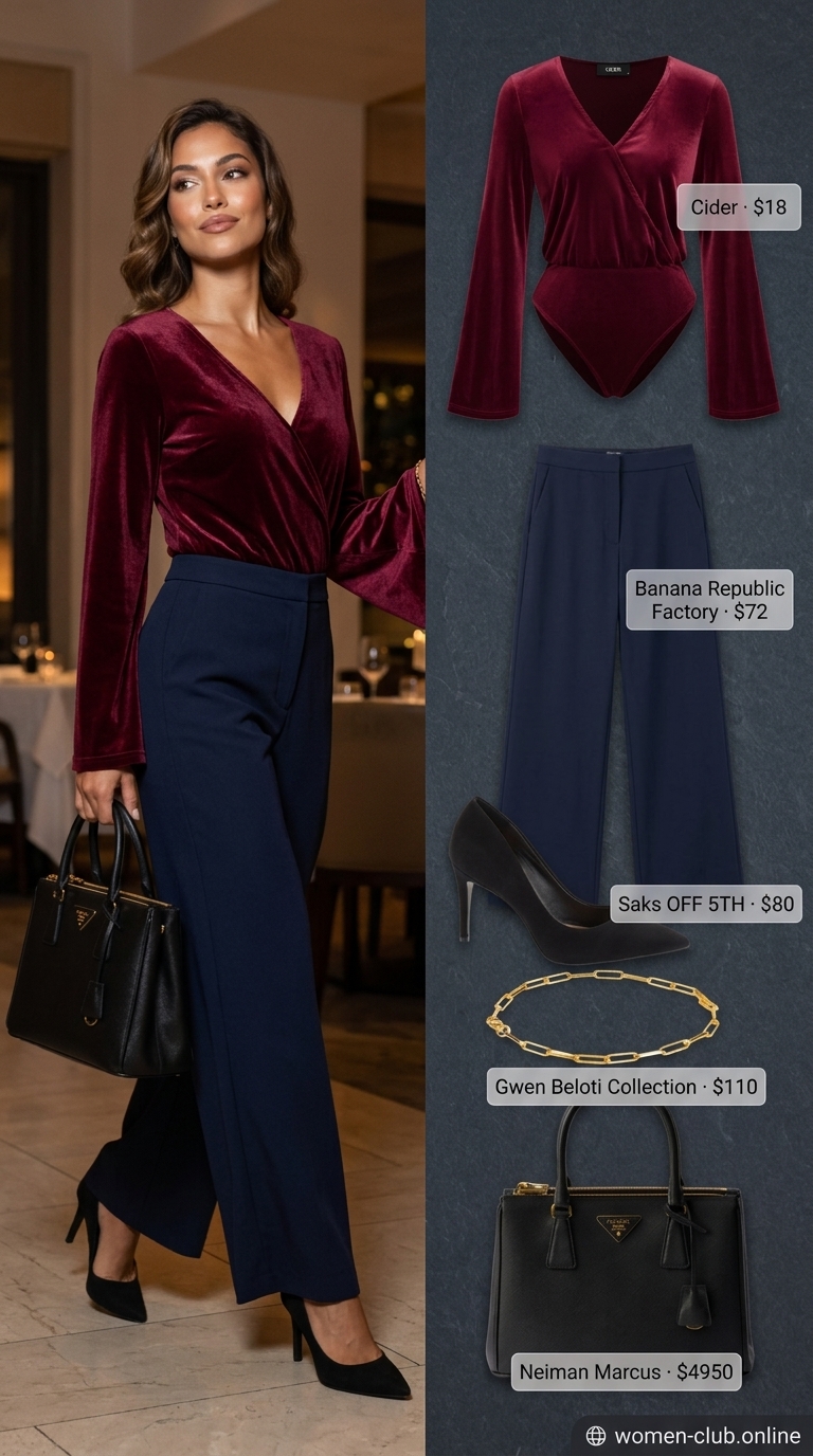 Burgundy Bodysuit Outfits for Women 2026 Luxurious burgundy velvet bodysuit with navy wide-leg pants and suede heels for a business dinner.
