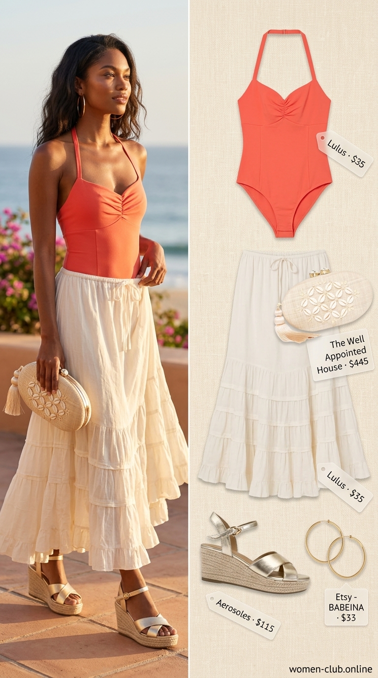 Coral Bodysuit Outfits for Women 2026 Glamorous coral halter bodysuit with a cream maxi skirt and gold espadrilles for a resort dinner.