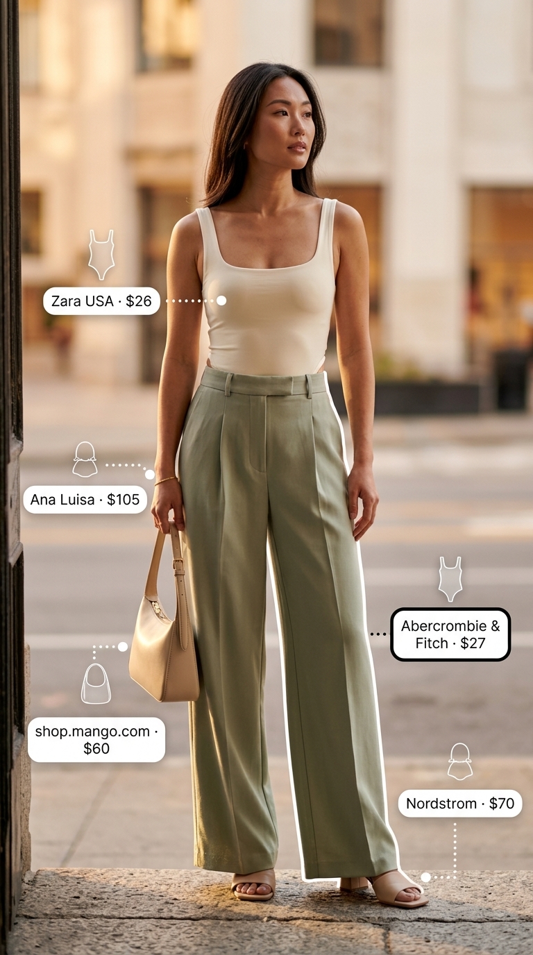 Sophisticated Summer Bodysuit Going Out Outfits For Women 2026 Cream knit bodysuit with olive green wide-leg trousers for summer bodysuit going out outfits for women 2026.