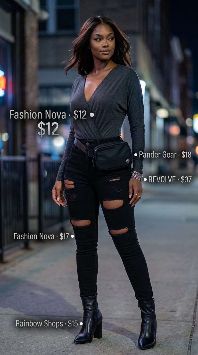 Cool Summer Bodysuit Going Out Outfits For Women 2026 Charcoal grey bodysuit with distressed black jeans for summer bodysuit going out outfits for women 2026.