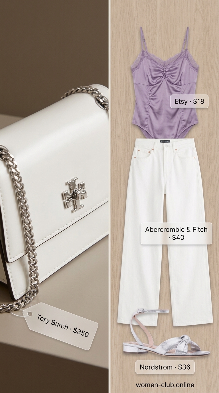 Lavender Bodysuit Outfits for Women 2026 Dreamy lavender lace bodysuit with white wide-leg jeans and silver sandals for a casual date night.