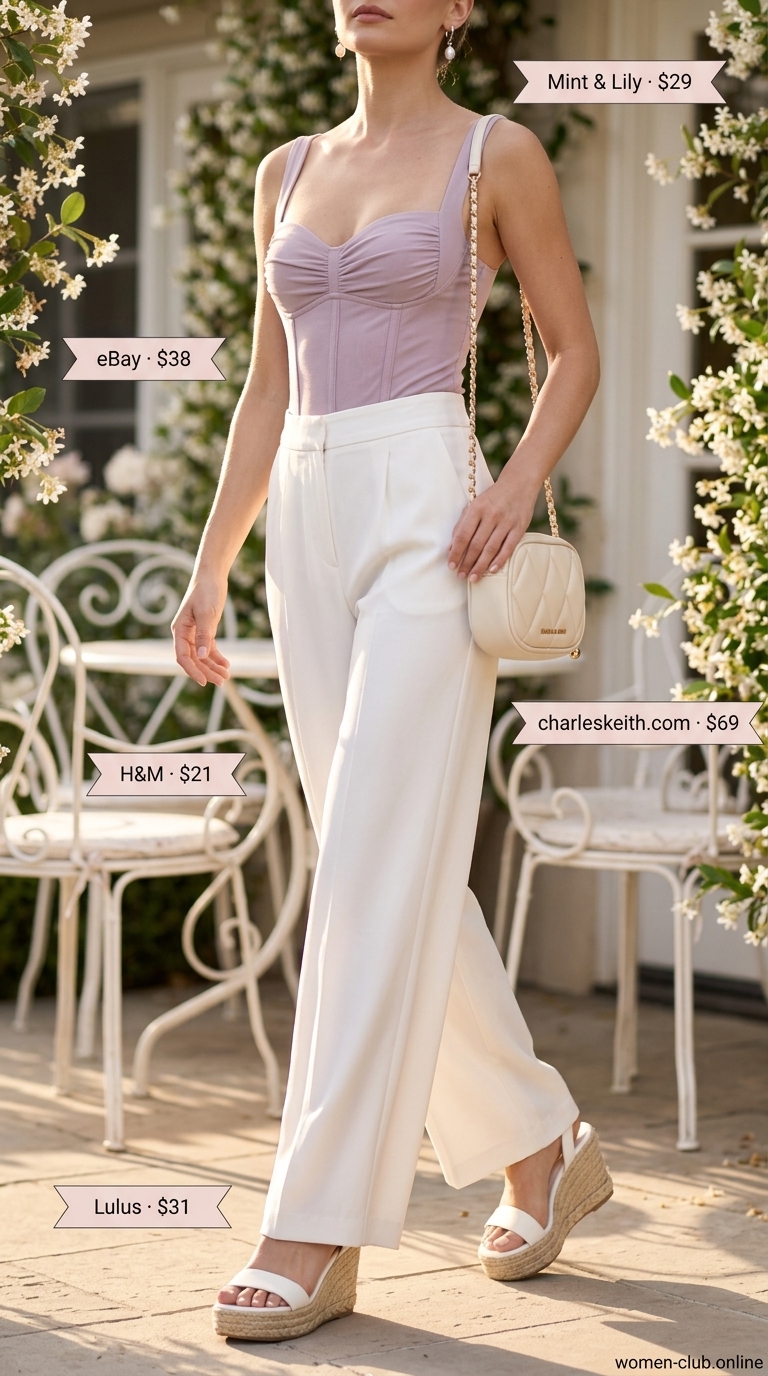 Romantic Summer Bodysuit Going Out Outfits For Women 2026 Lavender bodysuit with white wide-leg pants for summer bodysuit going out outfits for women 2026.