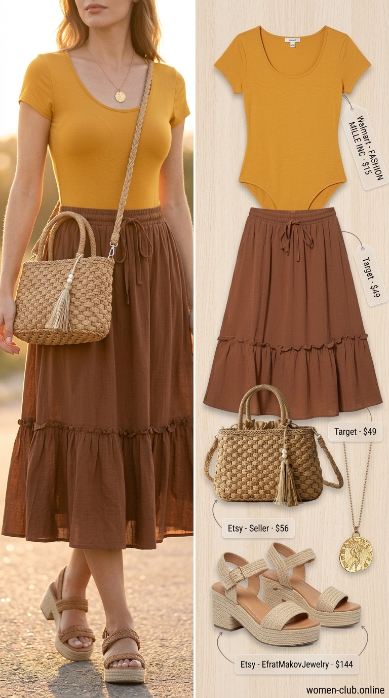 Mustard Yellow Bodysuit Outfits for Women 2026 Joyful mustard yellow bodysuit with an olive green tiered midi skirt and jute espadrilles for a summer festival.