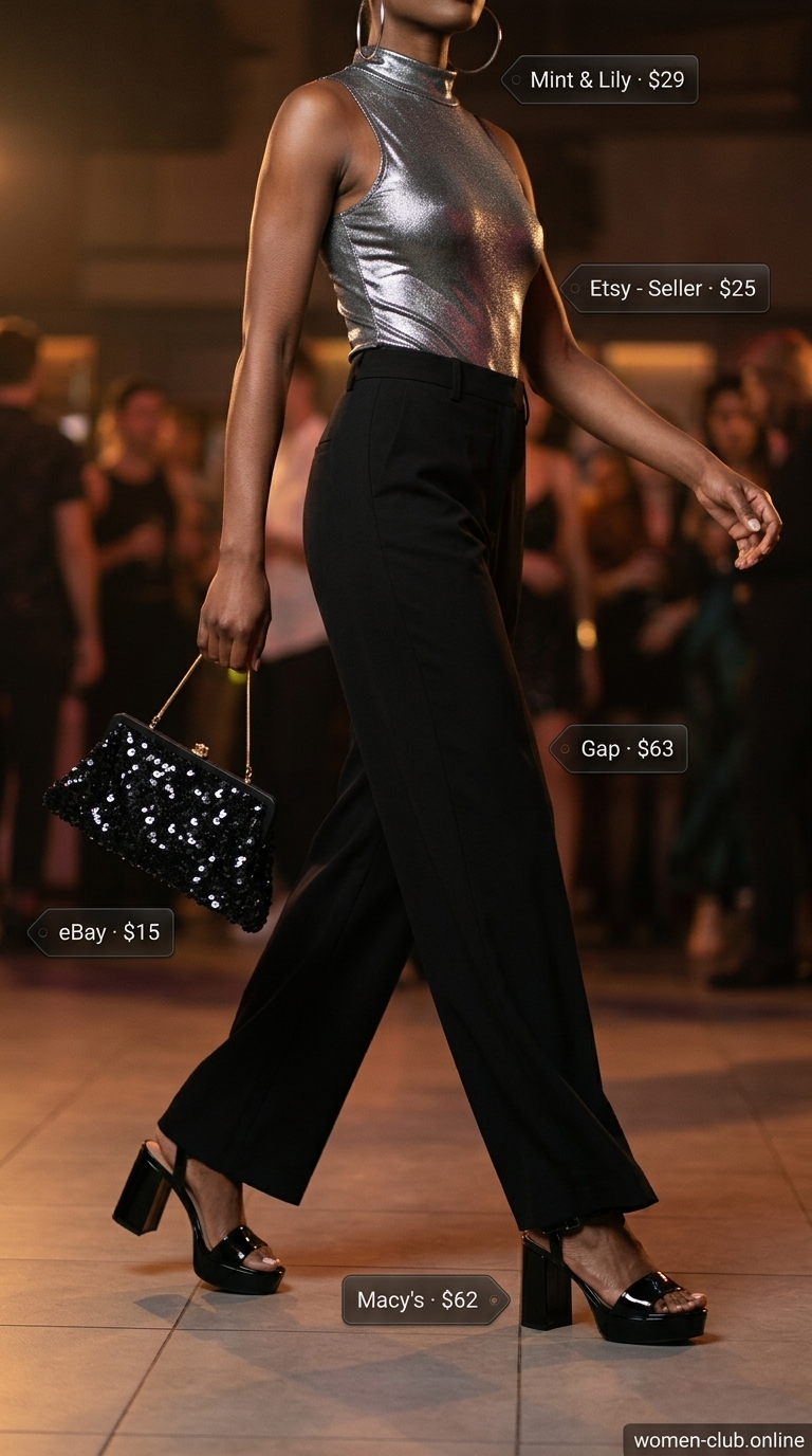 Retro Disco Bodysuit Outfits for Women 2026 Retro disco outfit with metallic silver bodysuit, black wide-leg pants, and platform heels for going out.