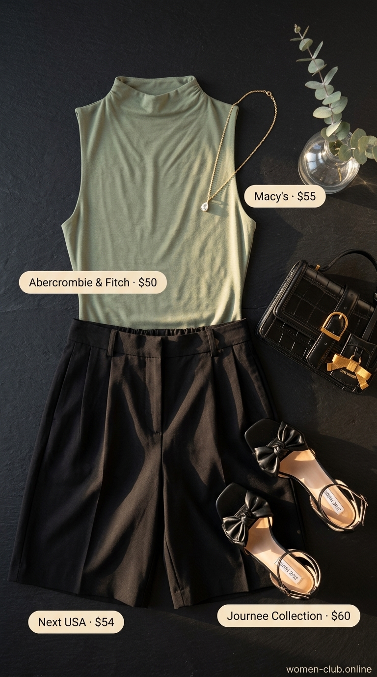 Sage Green Bodysuit Outfits for Women 2026 Sophisticated sage green bodysuit with black Bermuda shorts and gold accessories for a summer evening event.