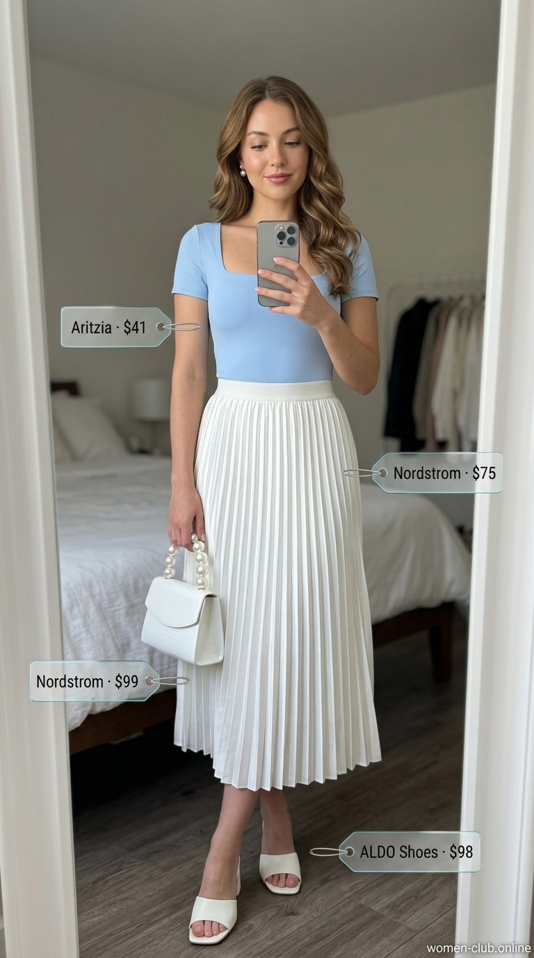 Summer Bodysuit Going Out Outfits for Women 2026 | Garden Party Sky blue square-neck bodysuit with white midi skirt for summer garden party outfits for women 2026.