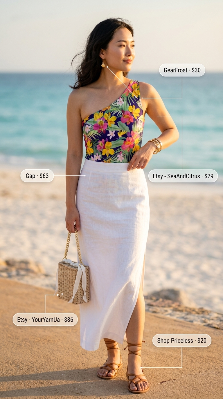 Tropical Summer Bodysuit Going Out Outfits For Women 2026 Tropical print bodysuit with white linen midi skirt for summer bodysuit going out outfits for women 2026.