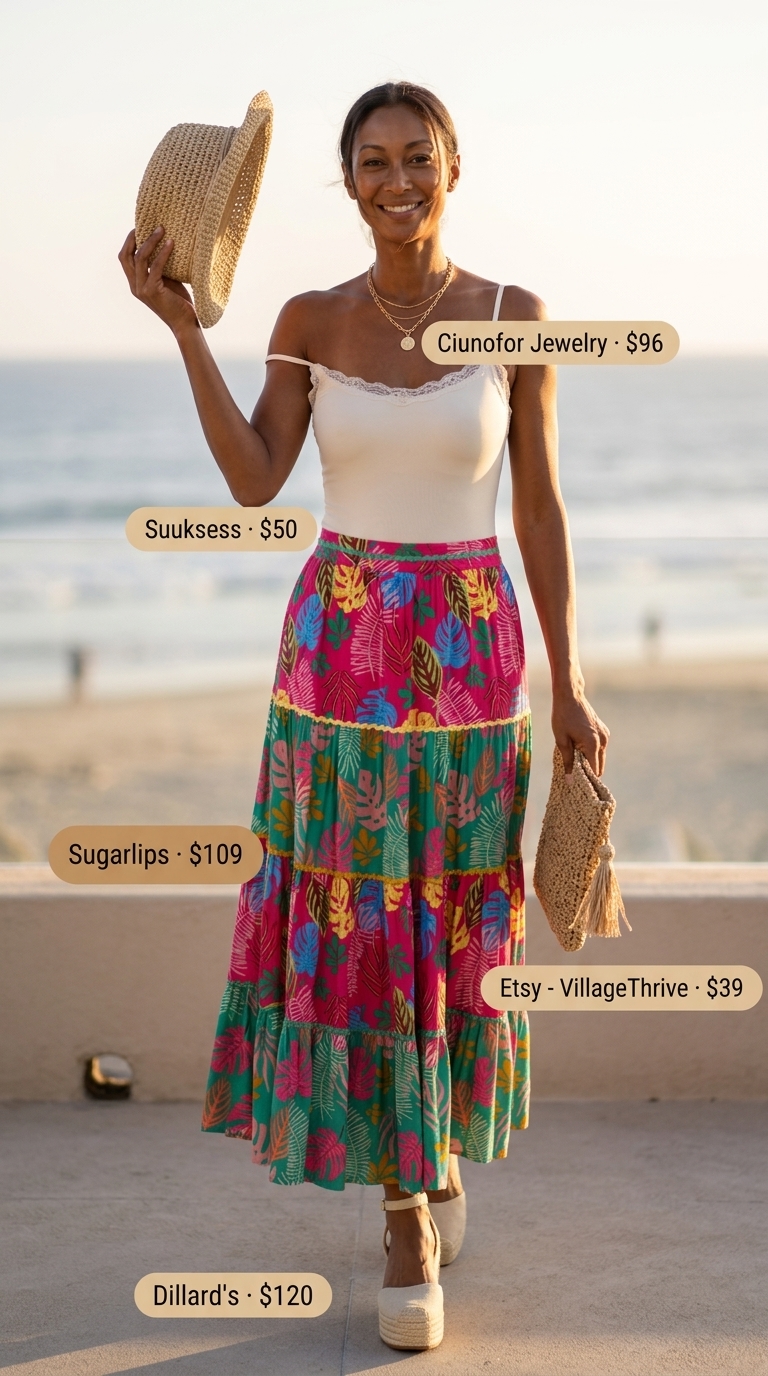 Bohemian Summer Bodysuit Going Out Outfits For Women 2026 White lace bodysuit with multi-floral maxi skirt for summer bodysuit going out outfits for women 2026.