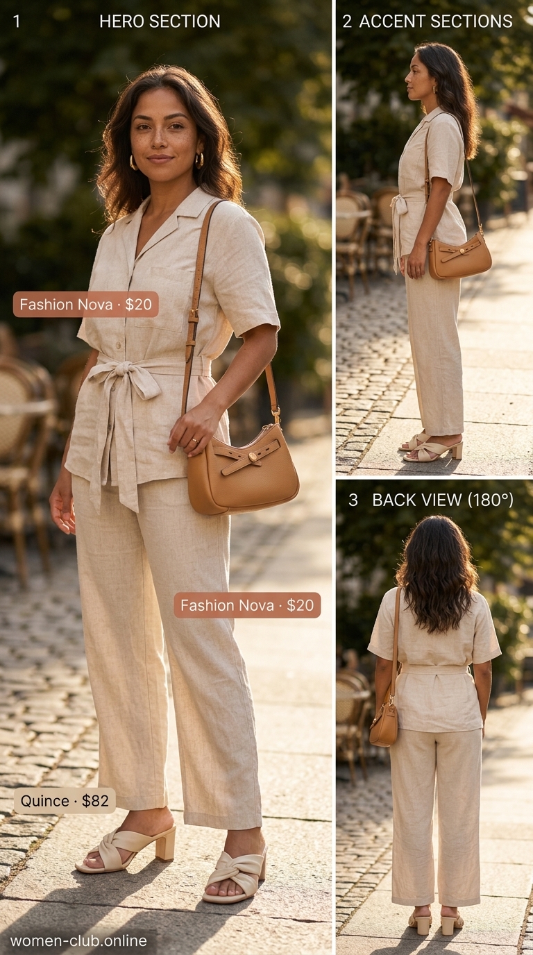Monochromatic beige linen set for summer brunch outfits for women 2026. Sophisticated and relaxed with block heel mules.