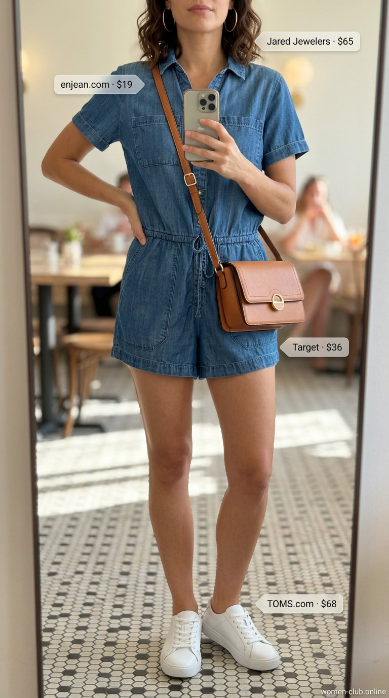 Cool chambray utility romper for summer brunch outfits for women 2026. Modern and casual with white sneakers and crossbody bag.