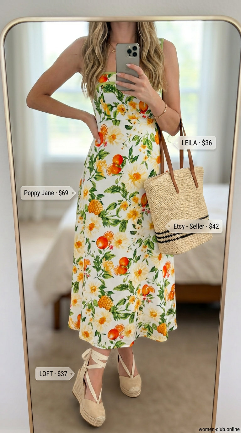 Joyful orange and yellow citrus print dress for summer brunch outfits for women 2026. Breezy and effortless with straw tote and espadrilles.