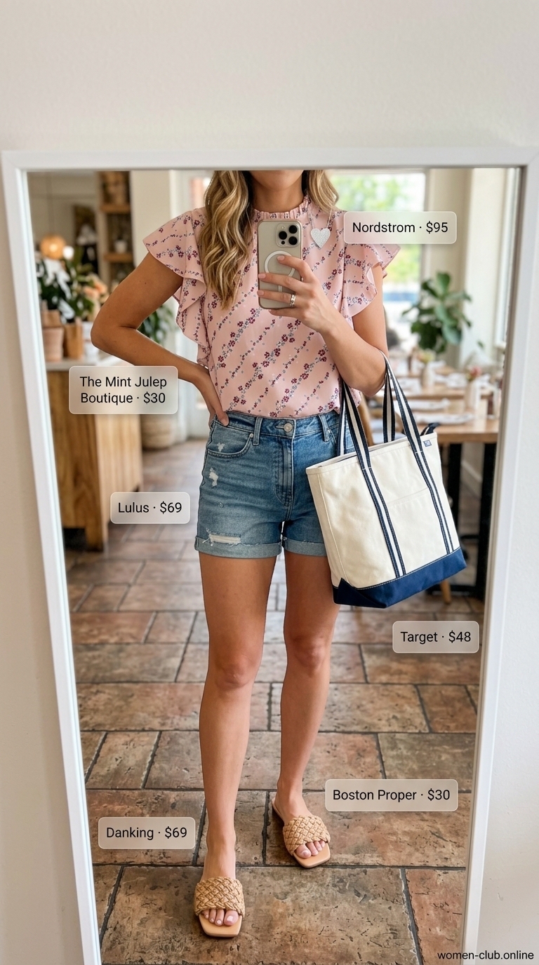 Playful pink floral blouse with denim shorts for summer brunch outfits for women 2026. Casual and feminine with slide sandals.