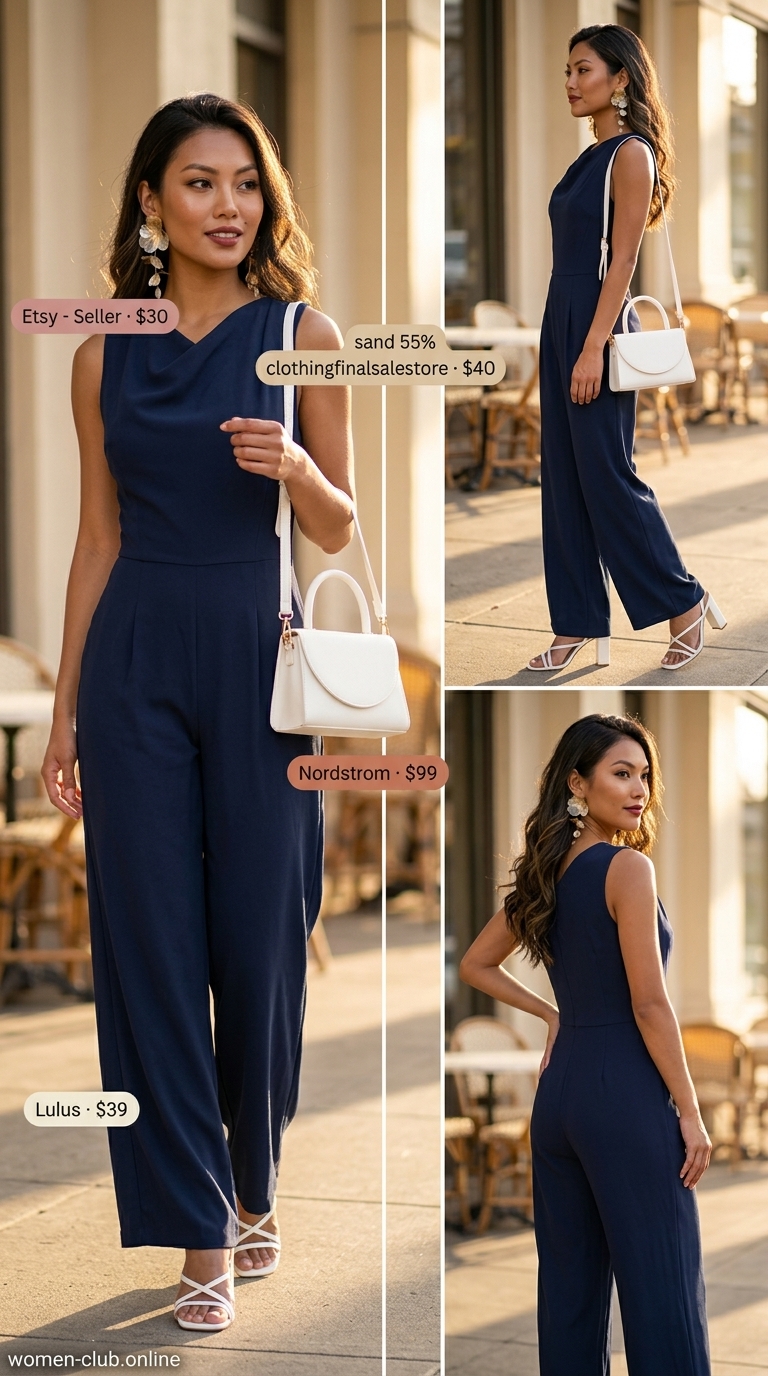 Elegant navy jumpsuit for summer brunch outfits for women 2026. Sophisticated look with gold earrings and white heels.