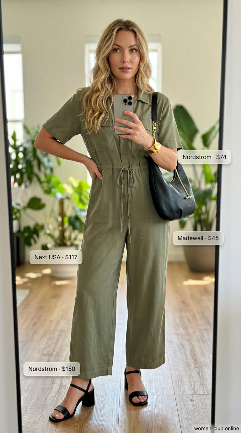 Stylish olive green utility jumpsuit for summer brunch outfits for women 2026. Relaxed and modern with black sandals and crossbody bag.