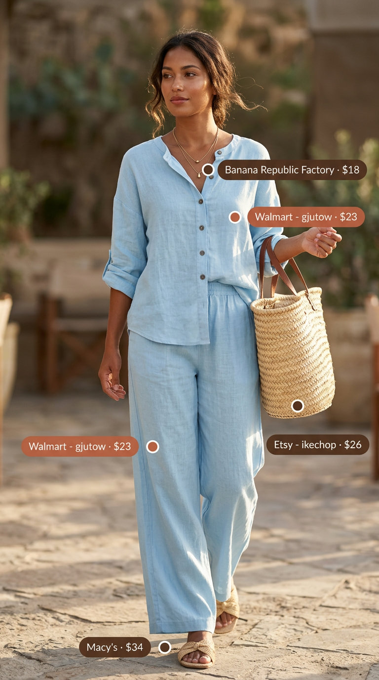 Coastal breeze linen set in light blue for summer brunch with friends 2026. Wide-leg pants, oversized shirt.