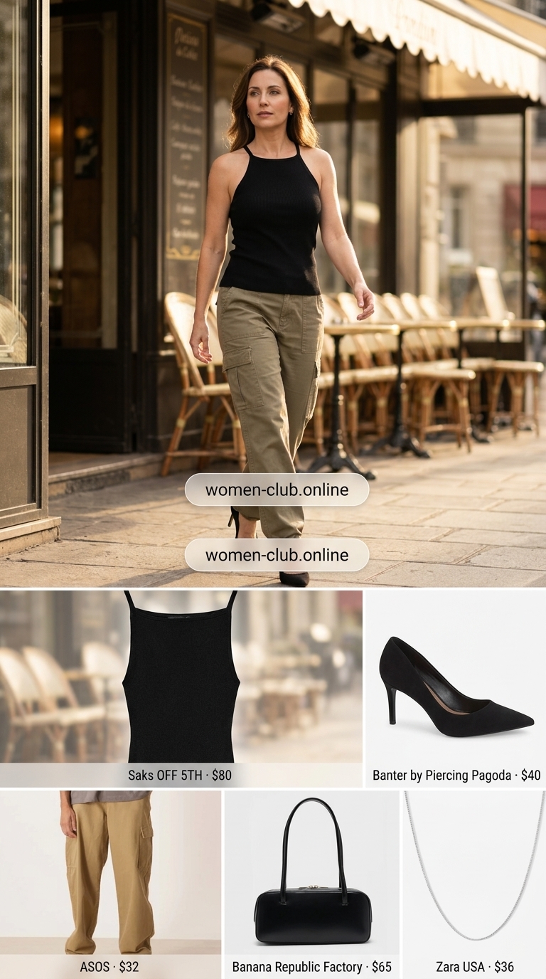 Elevated cargo pants outfit for summer brunch with friends 2026. Khaki pants, black halter top, heels.