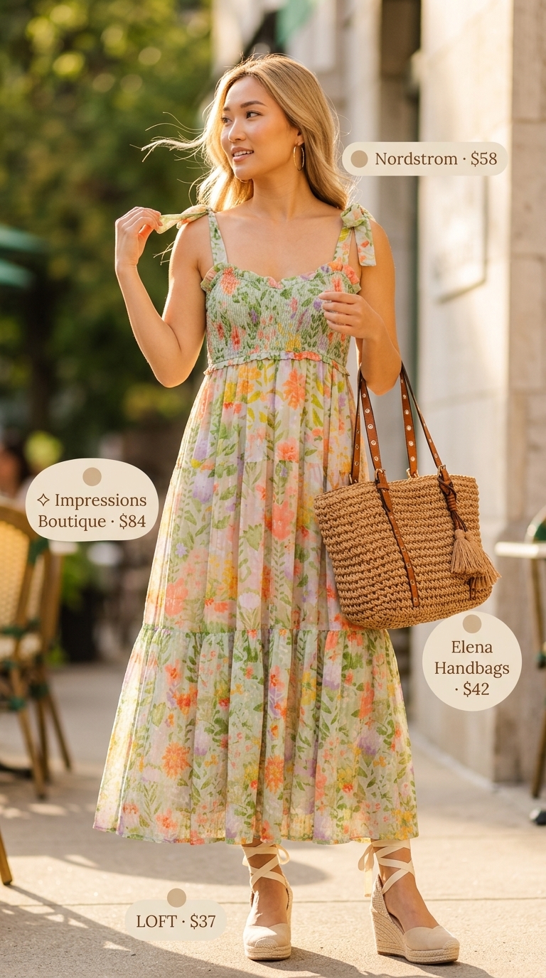 Coral floral maxi dress for summer brunch outfits for women 2026. Romantic boho style.