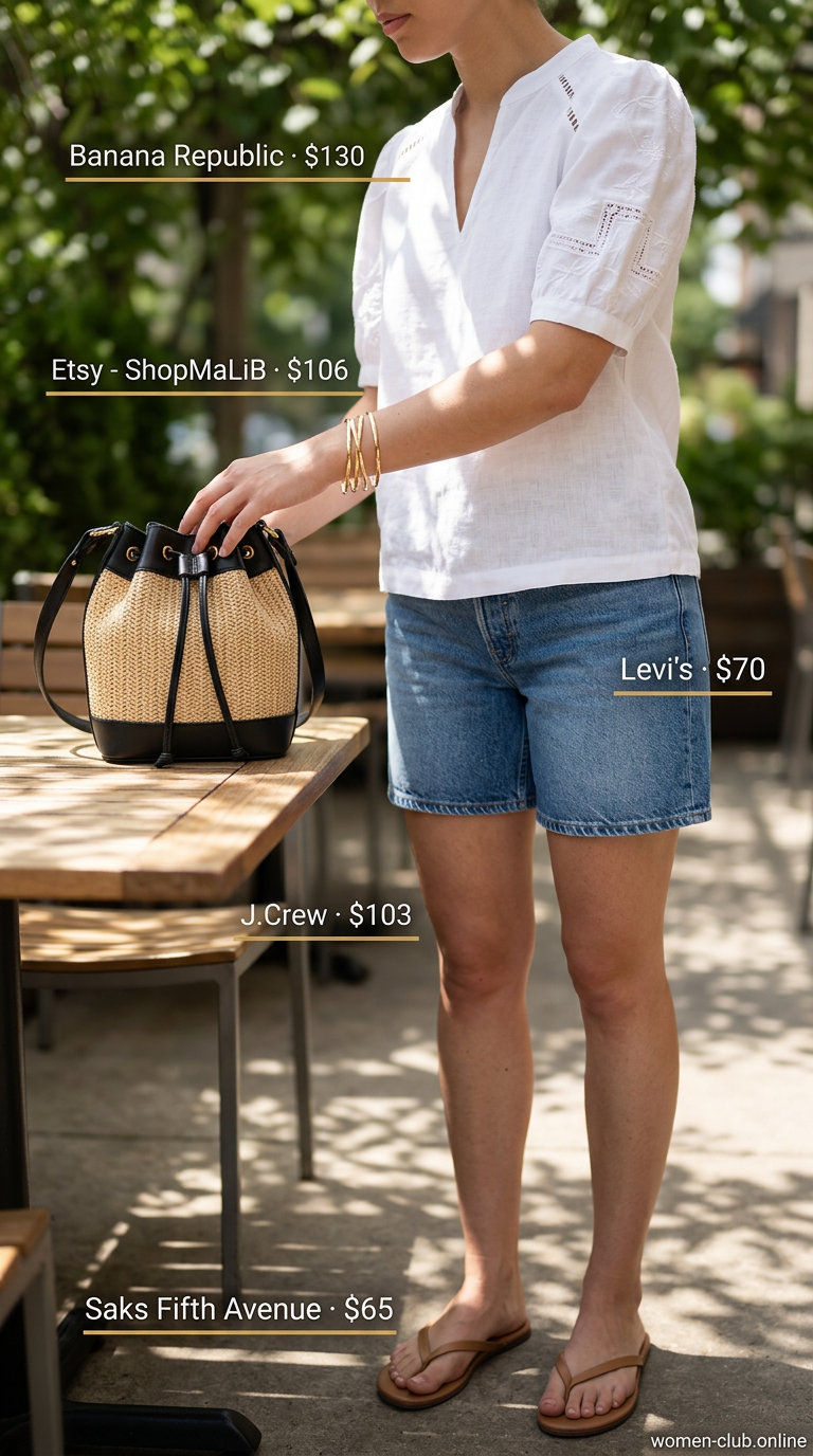 Denim shorts and white peasant blouse for summer brunch with friends 2026. Casual and feminine.