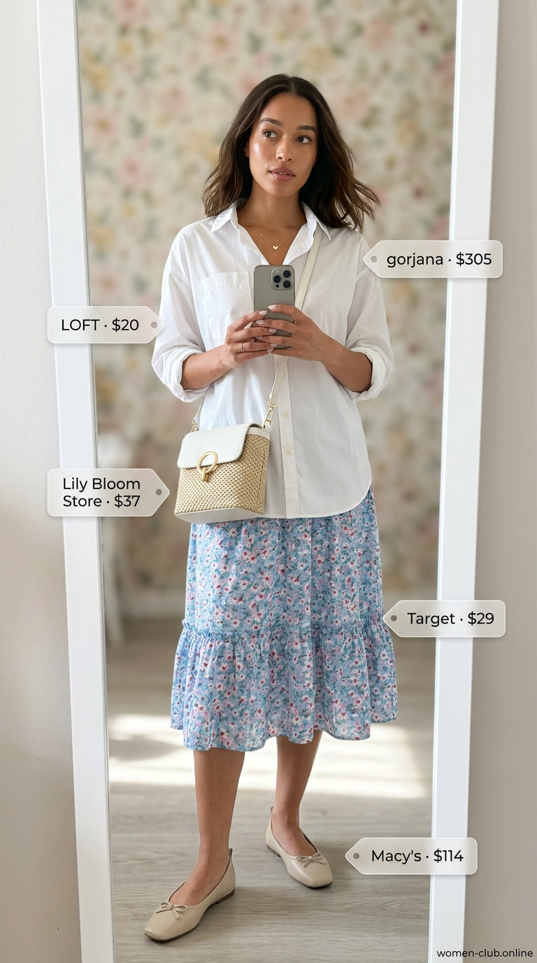 Pastel blue floral midi skirt and white oversized shirt for summer brunch outfits for women 2026.