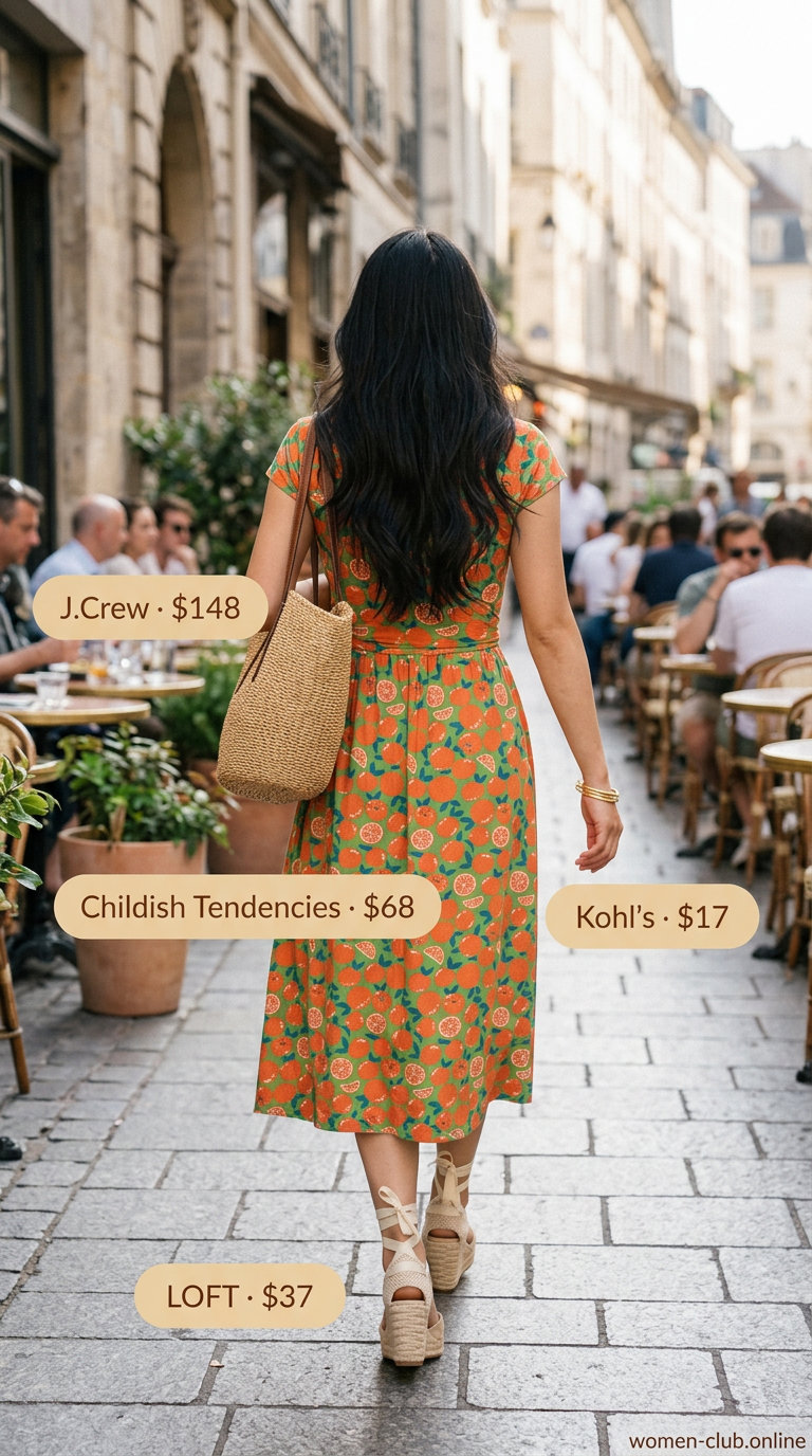 Sunny orchard midi wrap dress for summer brunch with friends 2026. Fruit print, espadrille wedges.