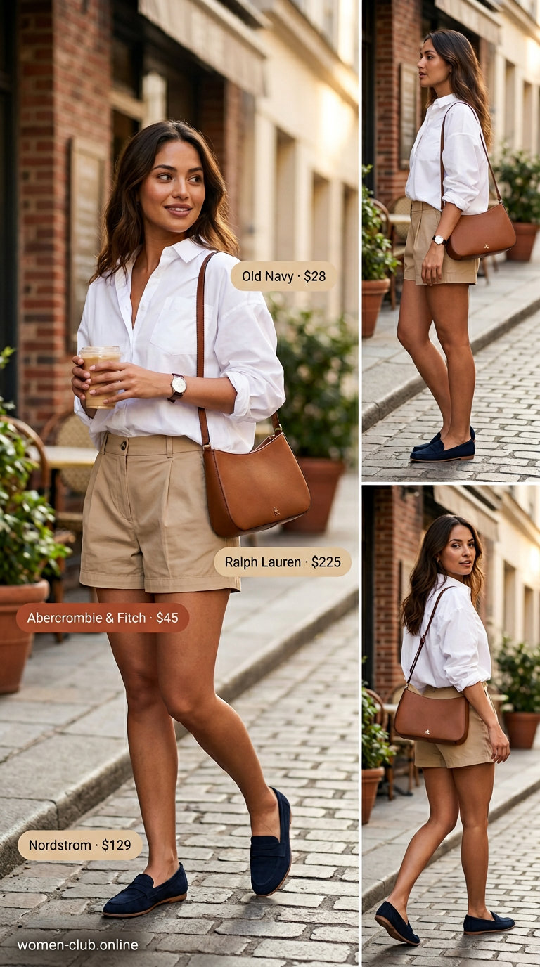 Khaki tailored shorts and white oversized shirt for summer brunch outfits for women 2026. Polished look.