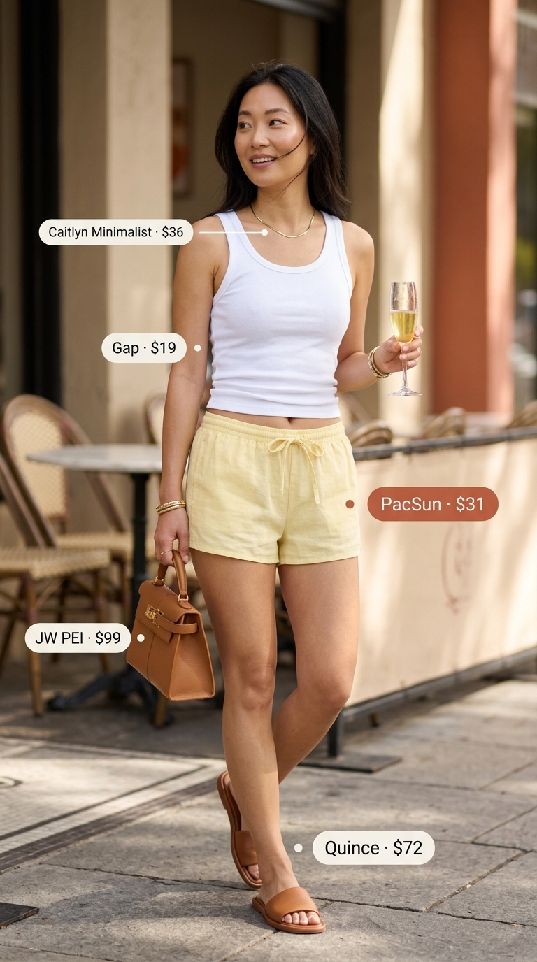 Lemon yellow linen shorts and white ribbed tank for summer brunch outfits for women 2026. Fresh style.